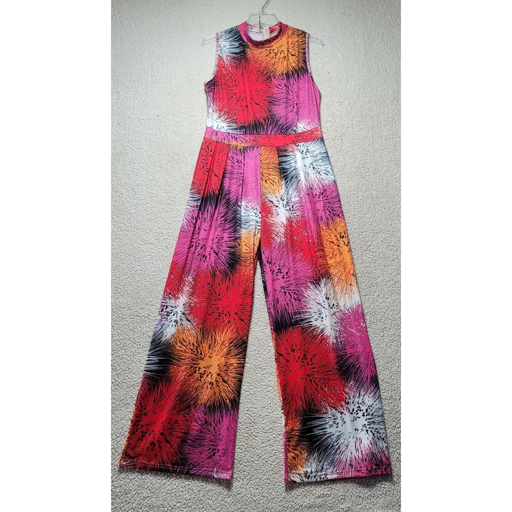 TX Women Abstract Burst Print Wide Leg Jumpsuit Mock Neck Sleeveless Multi L